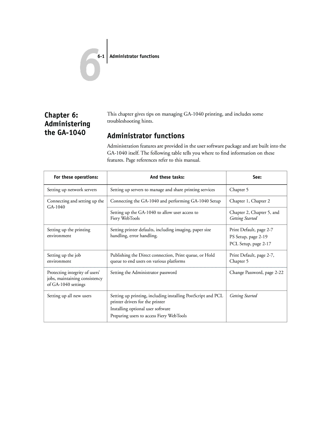 Toshiba manual Chapter Administering GA-1040, Administrator functions, For these operations These tasks See 