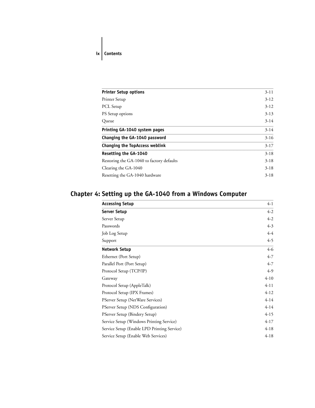 Toshiba GA-1040 manual Ix Contents Printer Setup options, Accessing Setup Server Setup, Network Setup 