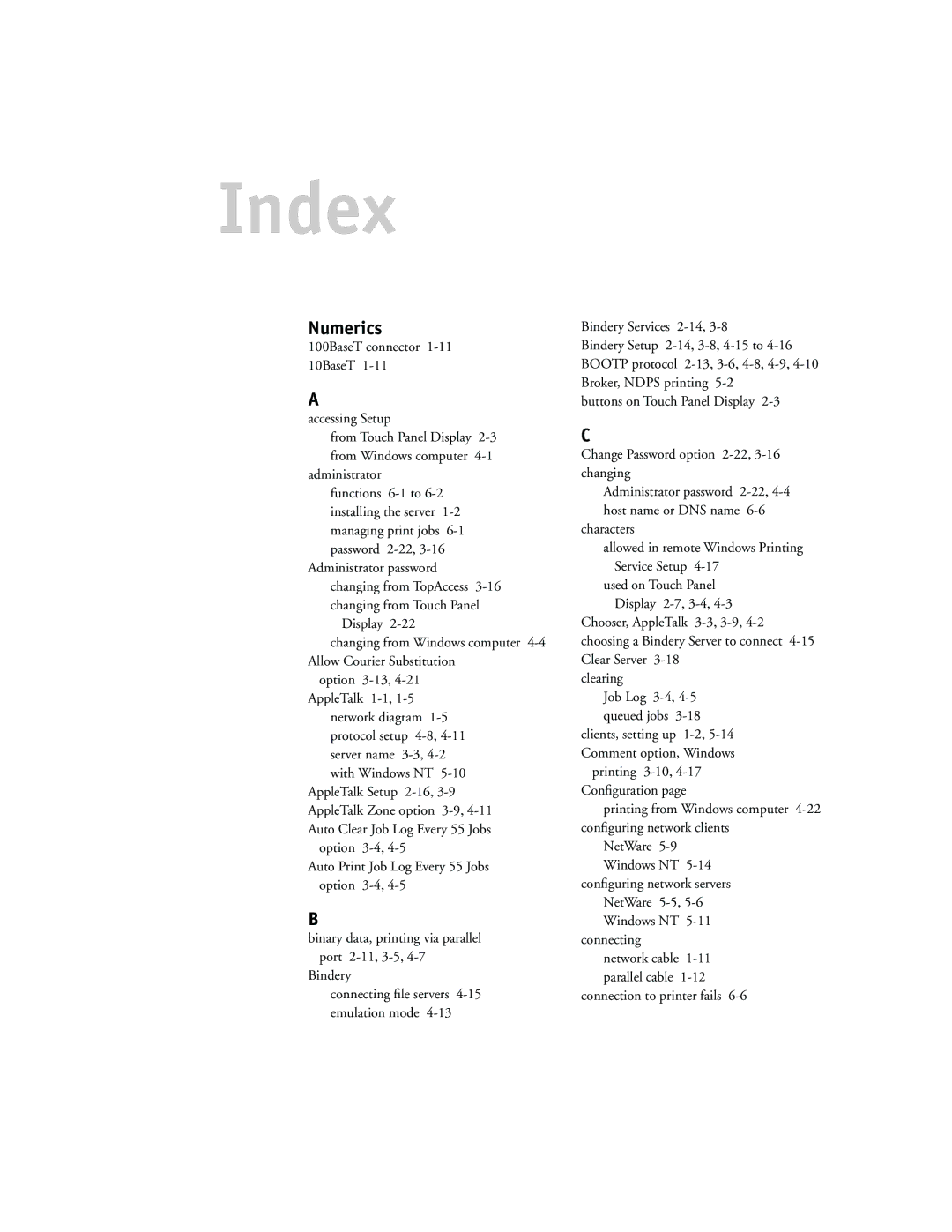 Toshiba GA-1040 manual Index, Numerics 