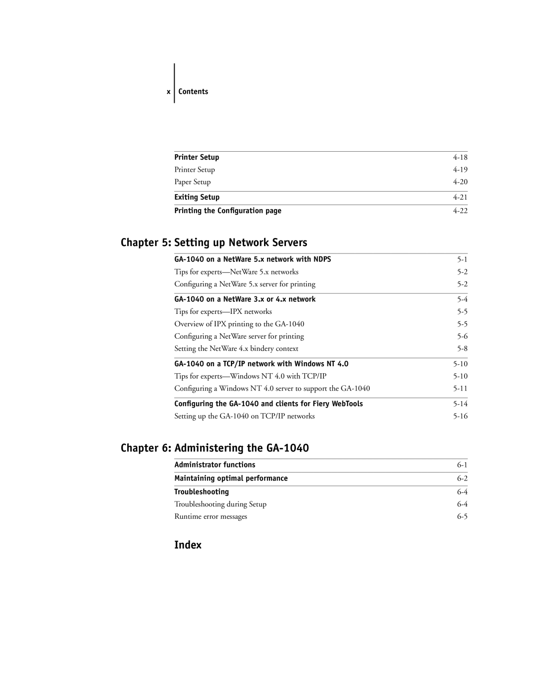 Toshiba manual Contents Printer Setup, Exiting Setup Printing the Conﬁguration, GA-1040 on a NetWare 3.x or 4.x network 