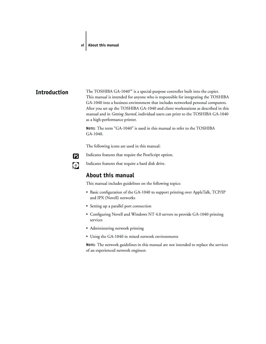 Toshiba GA-1040 Introduction, Xi About this manual 