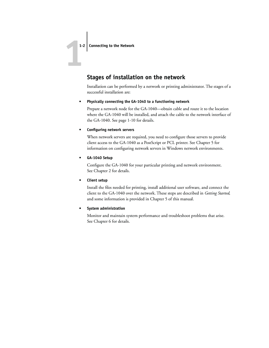 Toshiba GA-1040 manual Stages of installation on the network 