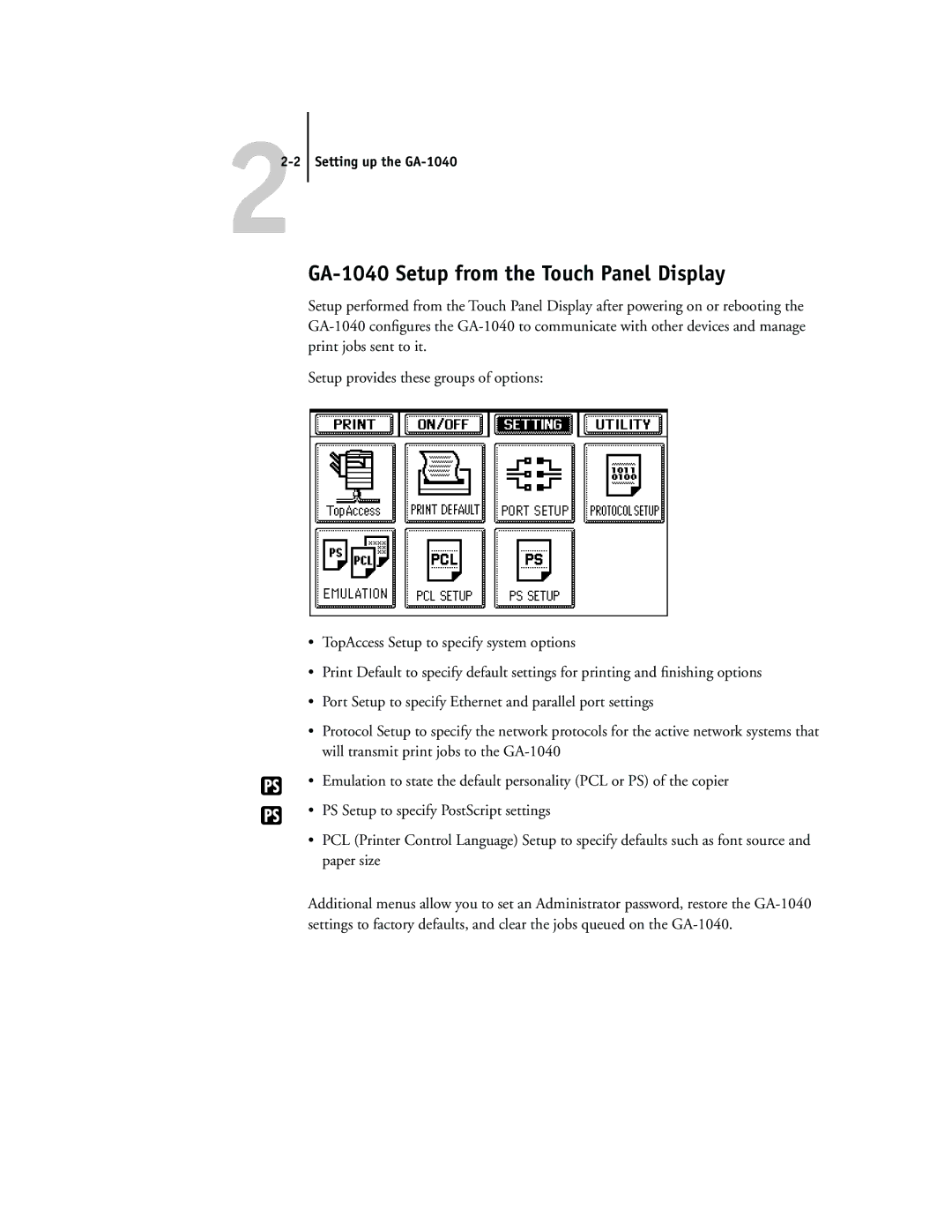 Toshiba manual GA-1040 Setup from the Touch Panel Display, Setting up the GA-1040 