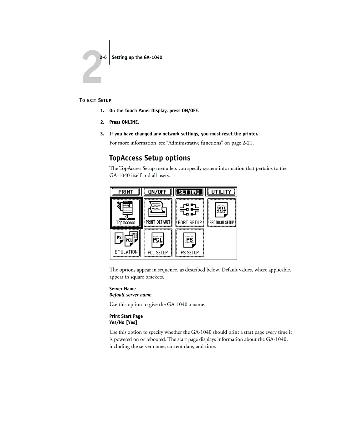 Toshiba GA-1040 manual TopAccess Setup options, For more information, see Administrative functions on, Server Name 