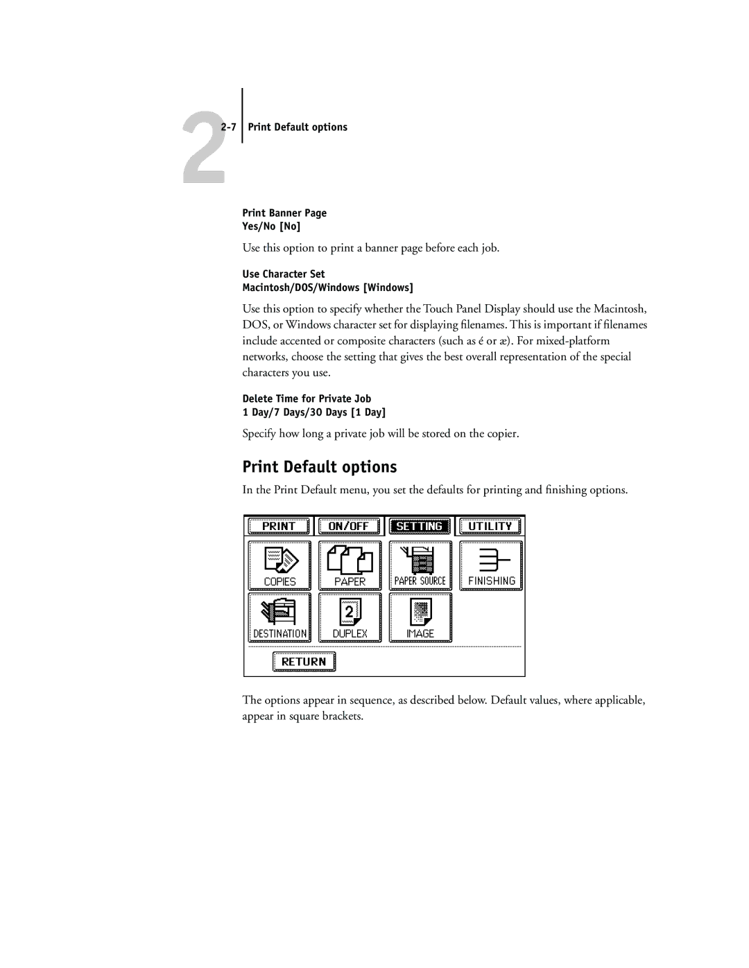 Toshiba GA-1040 manual Print Default options, Use this option to print a banner page before each job 