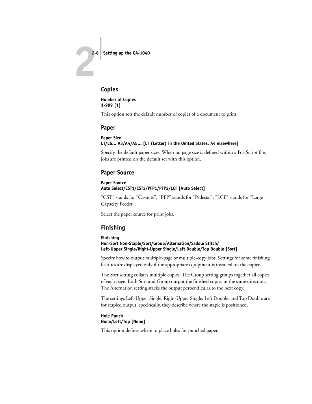 Toshiba GA-1040 manual Copies, Paper Source, Finishing, This option deﬁnes where to place holes for punched paper 