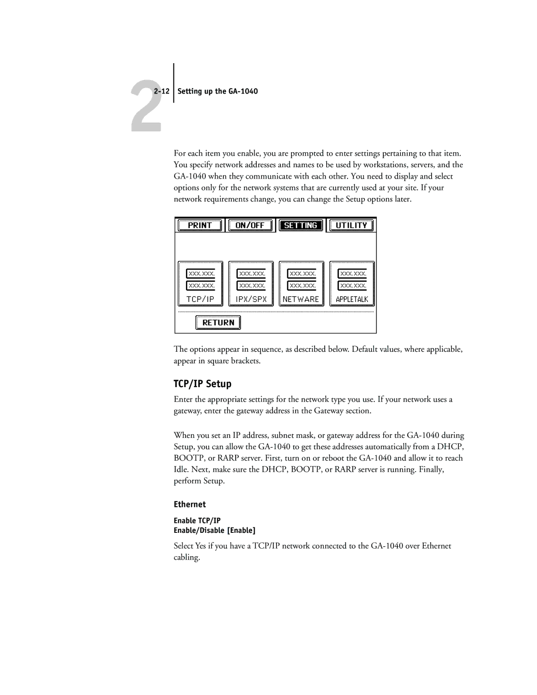 Toshiba GA-1040 manual TCP/IP Setup, Ethernet, Enable TCP/IP Enable/Disable Enable 