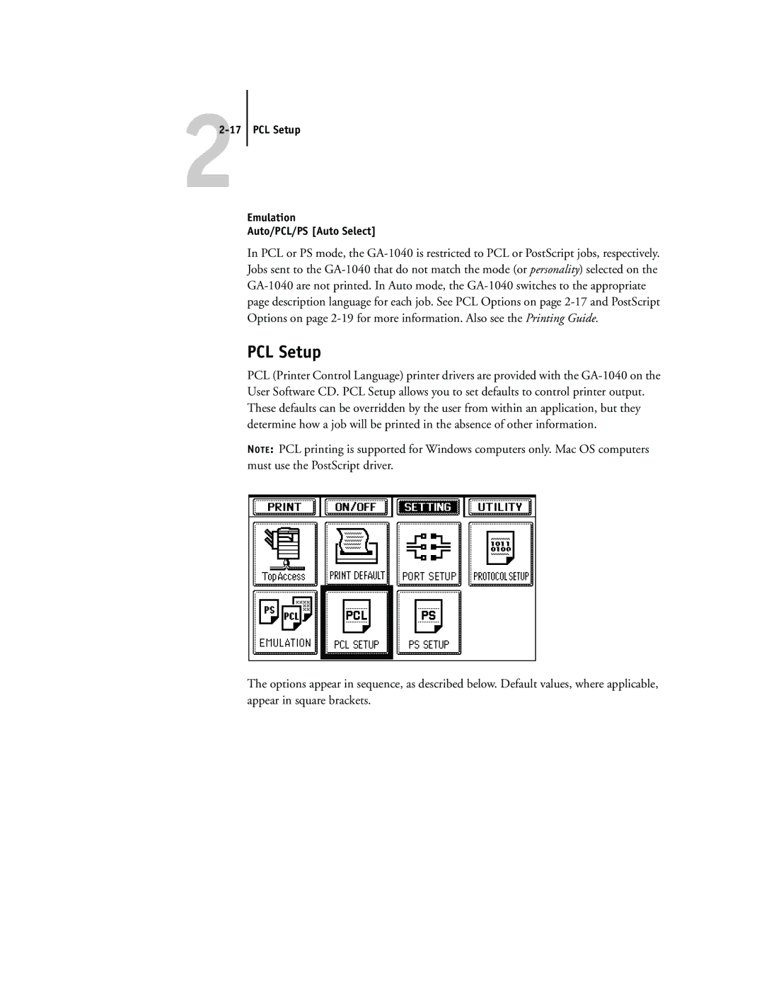 Toshiba GA-1040 manual PCL Setup Emulation Auto/PCL/PS Auto Select 