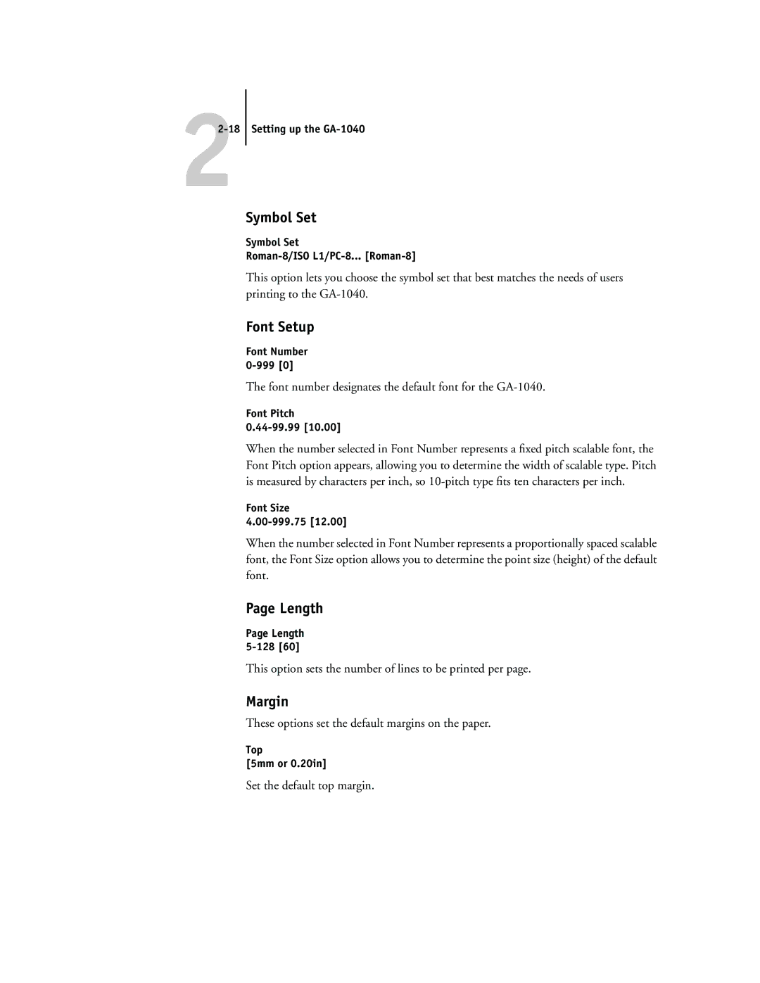 Toshiba GA-1040 manual Symbol Set, Font Setup, Length, Margin 