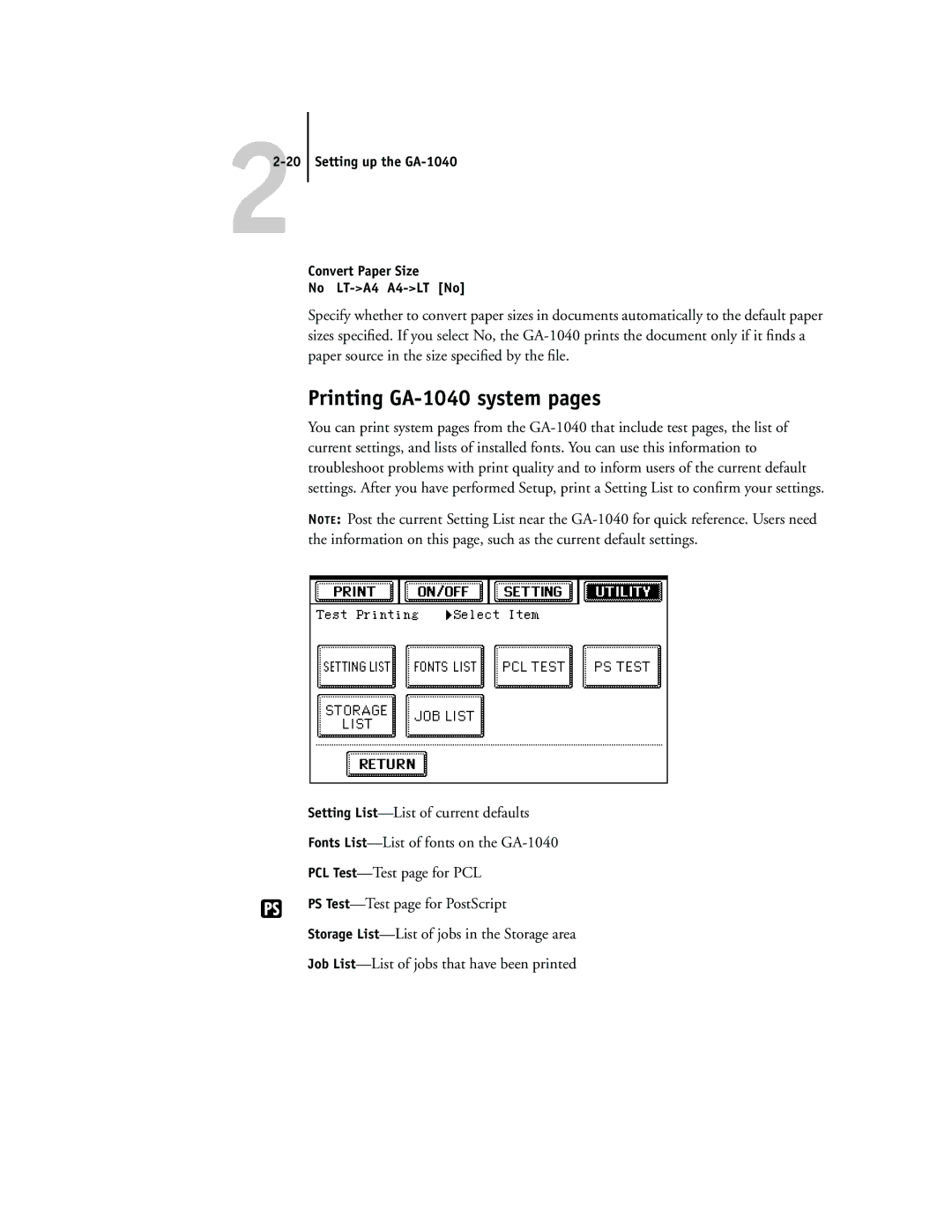 Toshiba manual Printing GA-1040 system pages, Setting up the GA-1040 Convert Paper Size No LT-A4 A4-LT No 