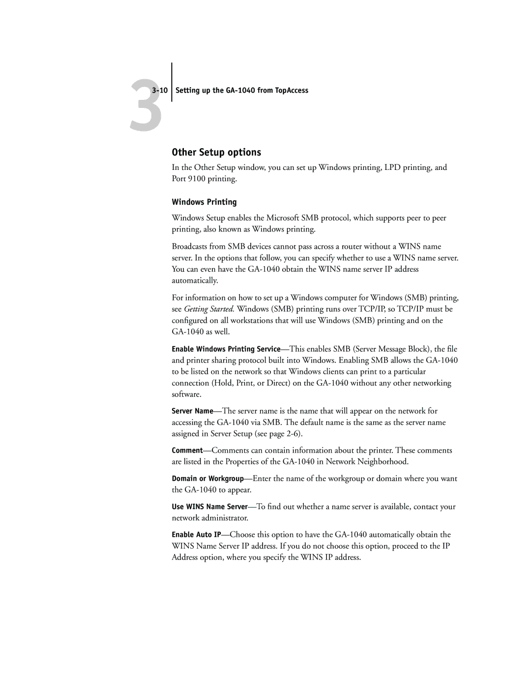 Toshiba GA-1040 manual Other Setup options, Windows Printing 