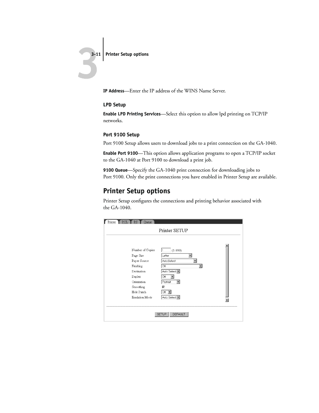 Toshiba GA-1040 Printer Setup options, IP Address-Enter the IP address of the Wins Name Server, LPD Setup, Port 9100 Setup 