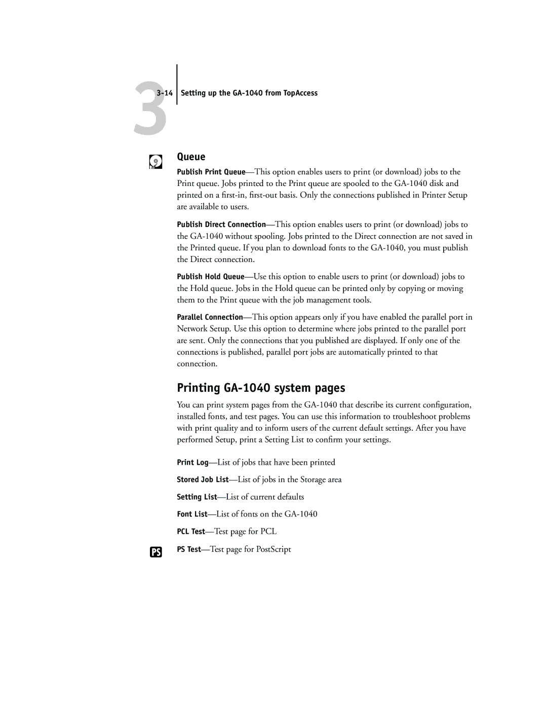 Toshiba manual Printing GA-1040 system pages, Queue 