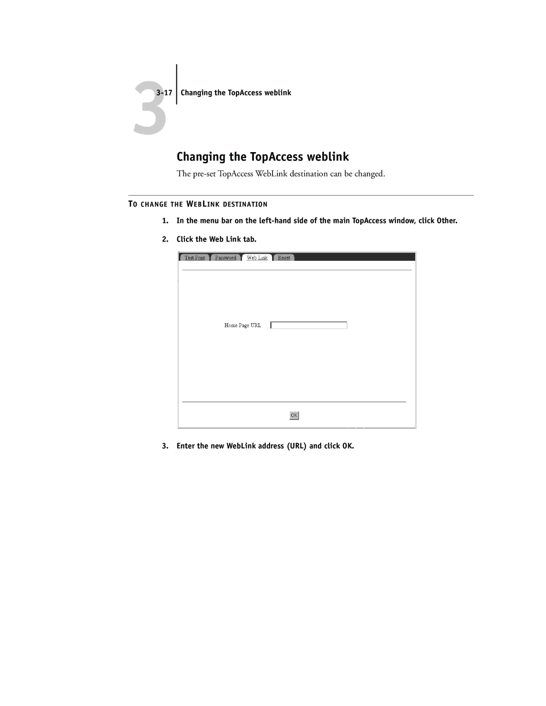 Toshiba GA-1040 manual Changing the TopAccess weblink, Pre-set TopAccess WebLink destination can be changed 