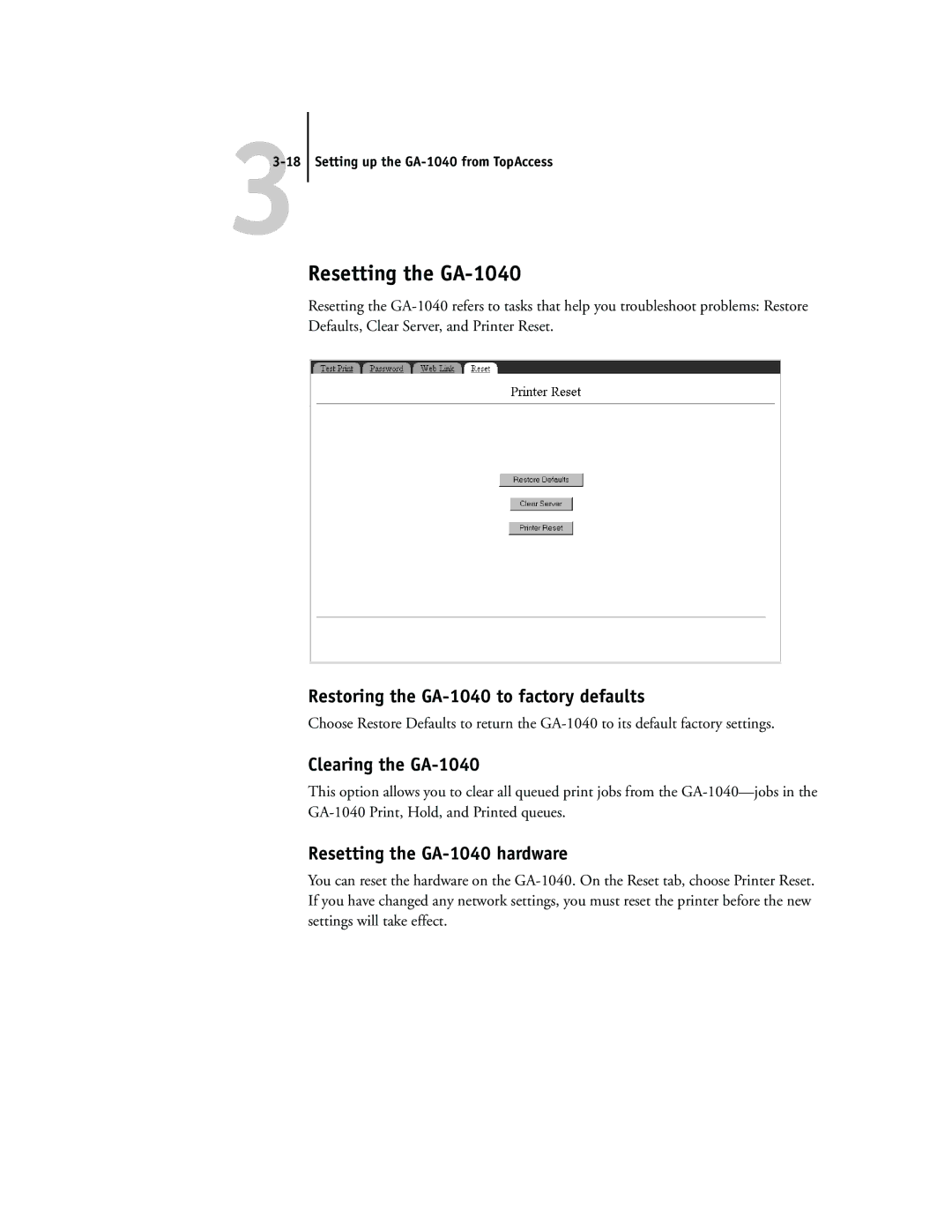 Toshiba manual Resetting the GA-1040, Restoring the GA-1040 to factory defaults, Clearing the GA-1040 