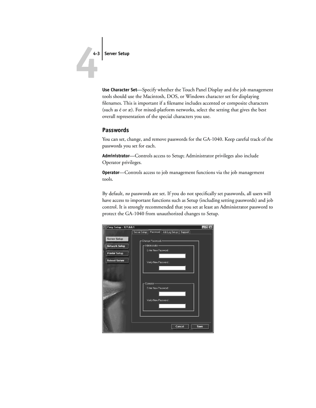 Toshiba GA-1040 manual Passwords, Server Setup 