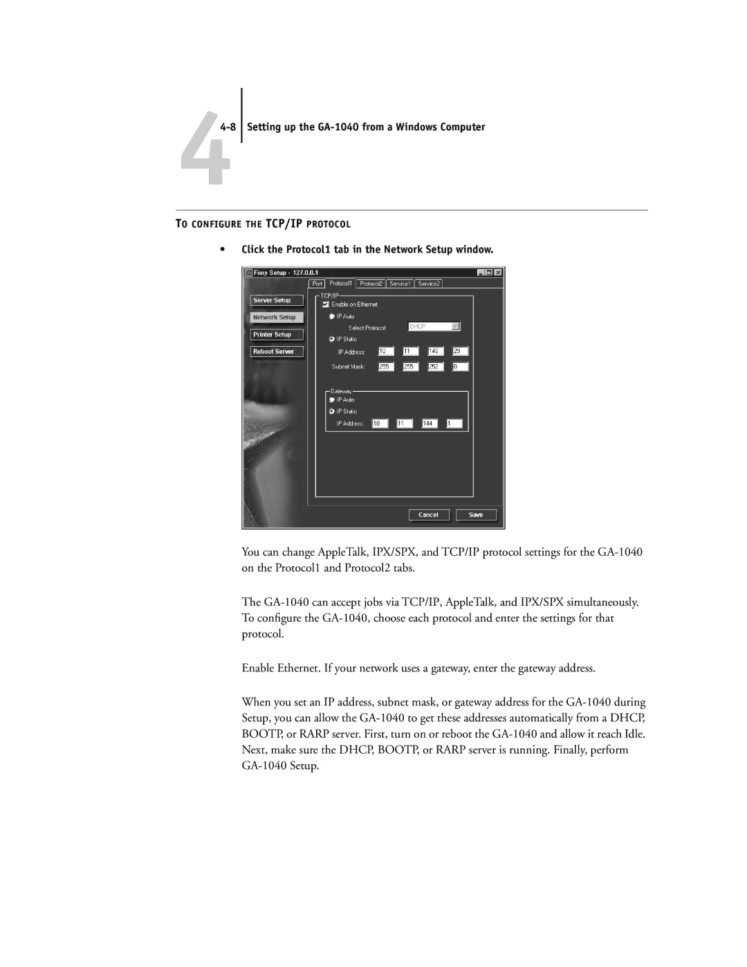 Toshiba GA-1040 manual Click the Protocol1 tab in the Network Setup window 