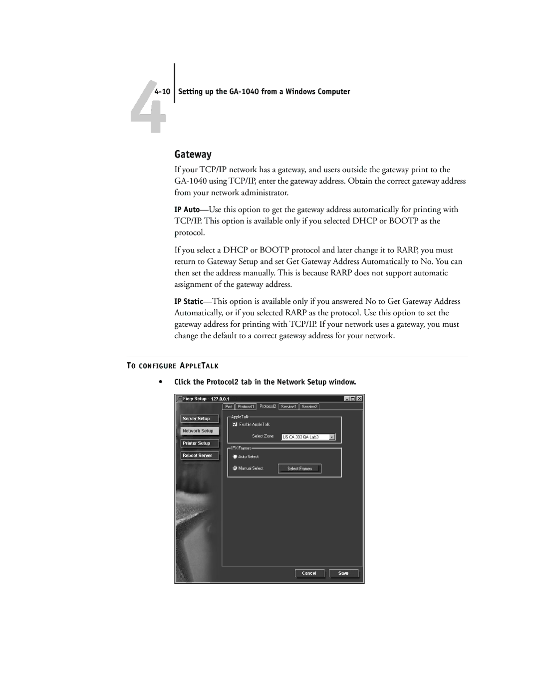 Toshiba GA-1040 manual Gateway, Click the Protocol2 tab in the Network Setup window 