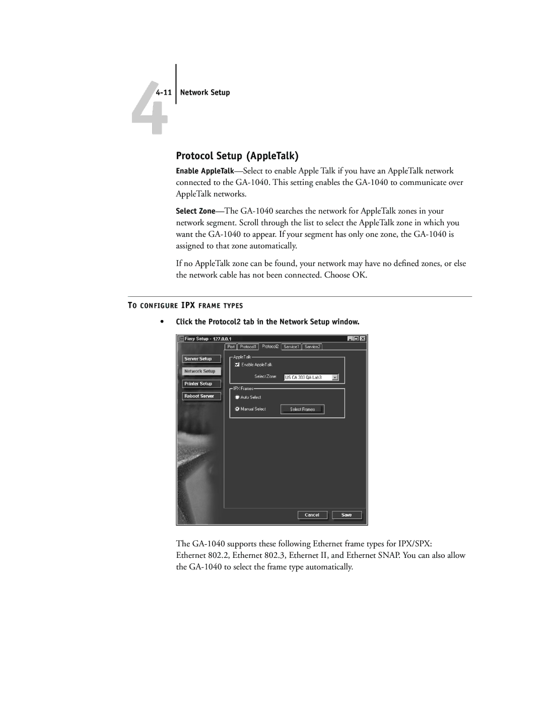 Toshiba GA-1040 manual Protocol Setup AppleTalk 