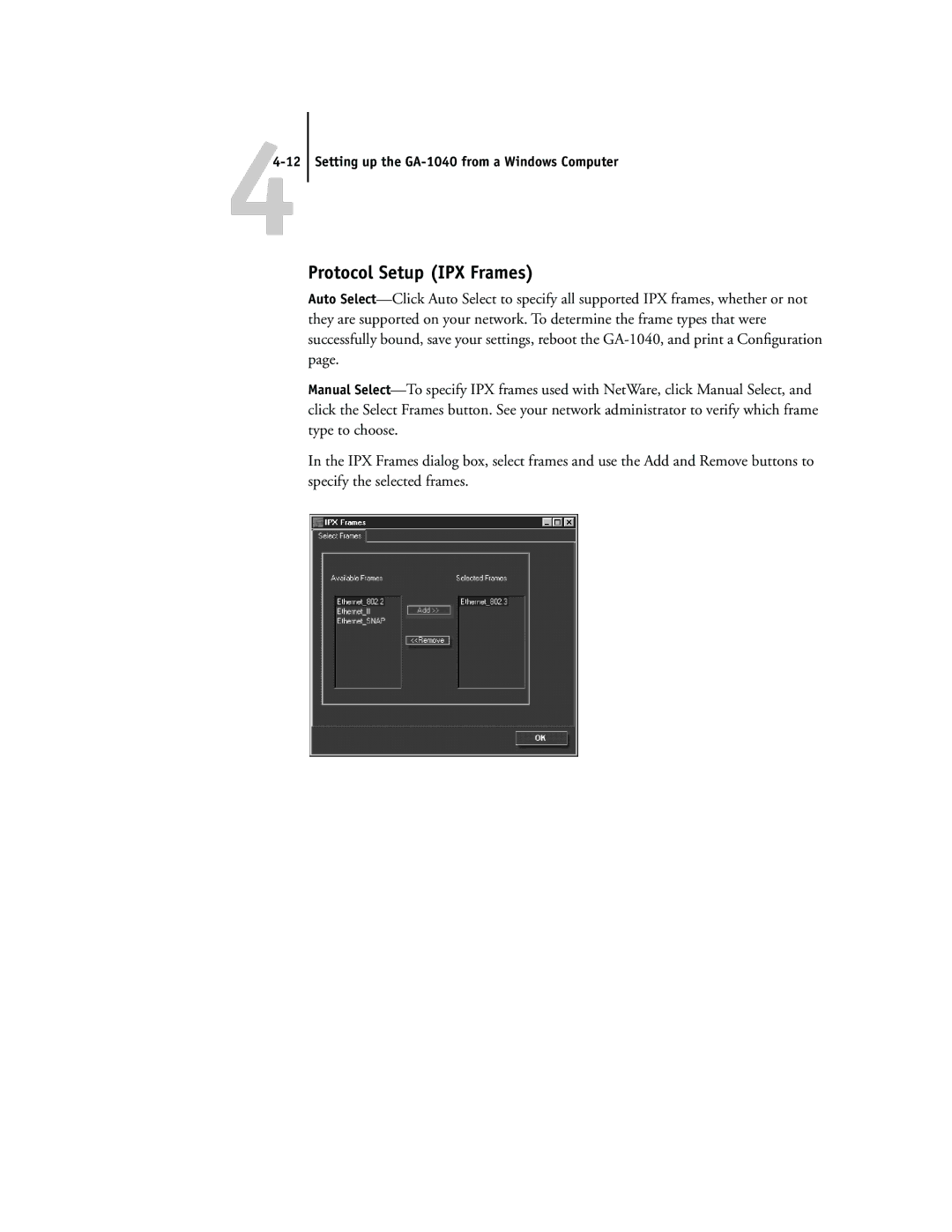 Toshiba GA-1040 manual Protocol Setup IPX Frames 