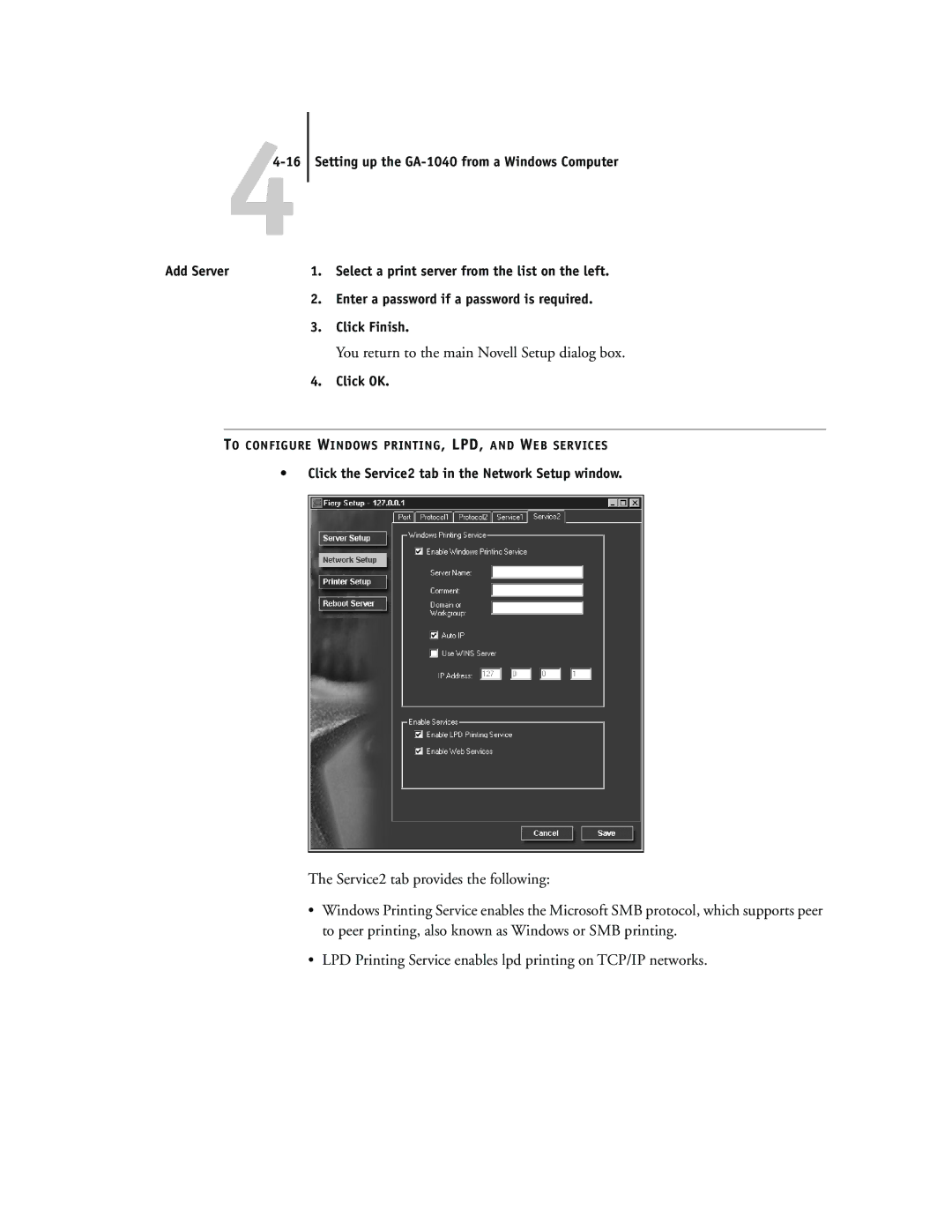 Toshiba GA-1040 manual Click the Service2 tab in the Network Setup window 