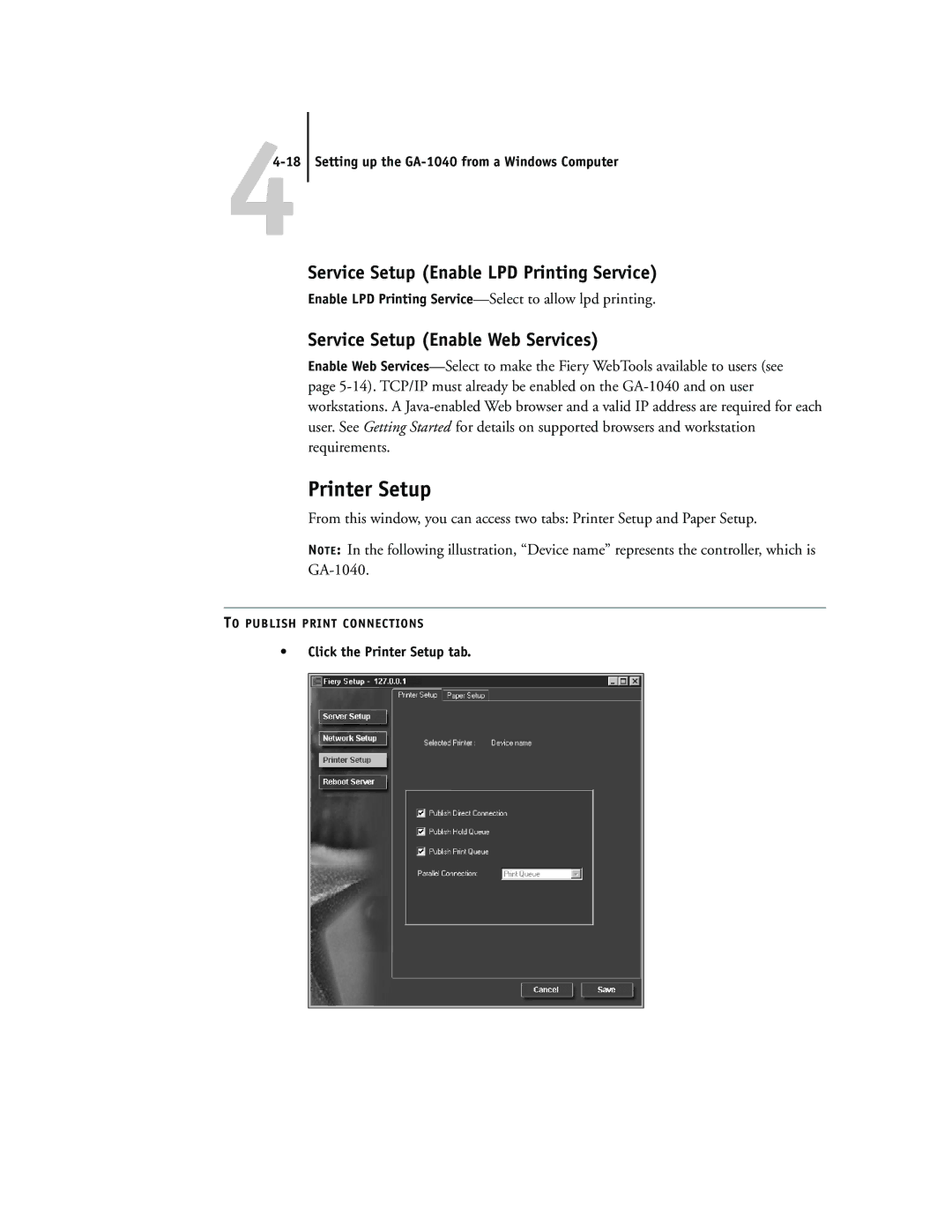 Toshiba GA-1040 manual Printer Setup, Service Setup Enable LPD Printing Service, Service Setup Enable Web Services 