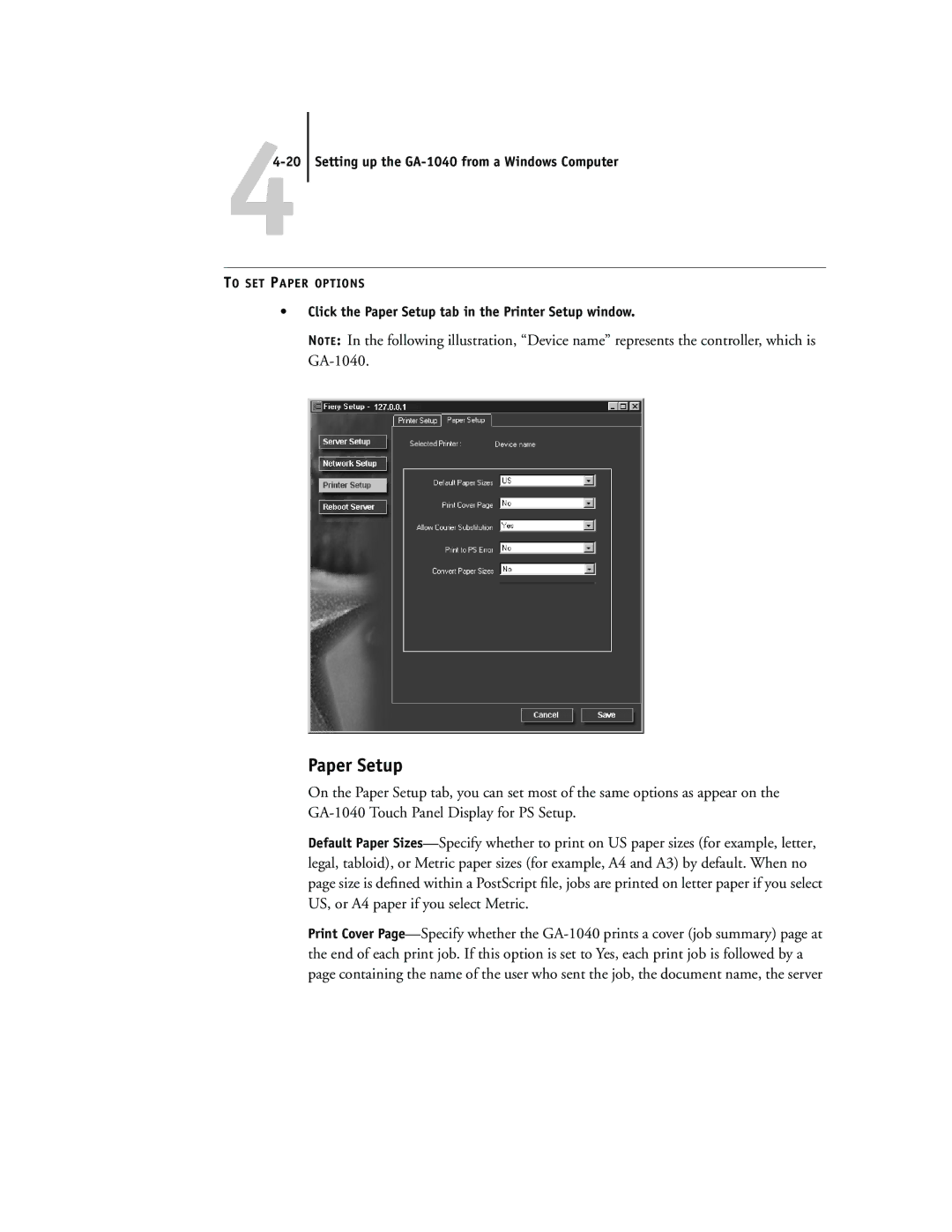 Toshiba GA-1040 manual Click the Paper Setup tab in the Printer Setup window 