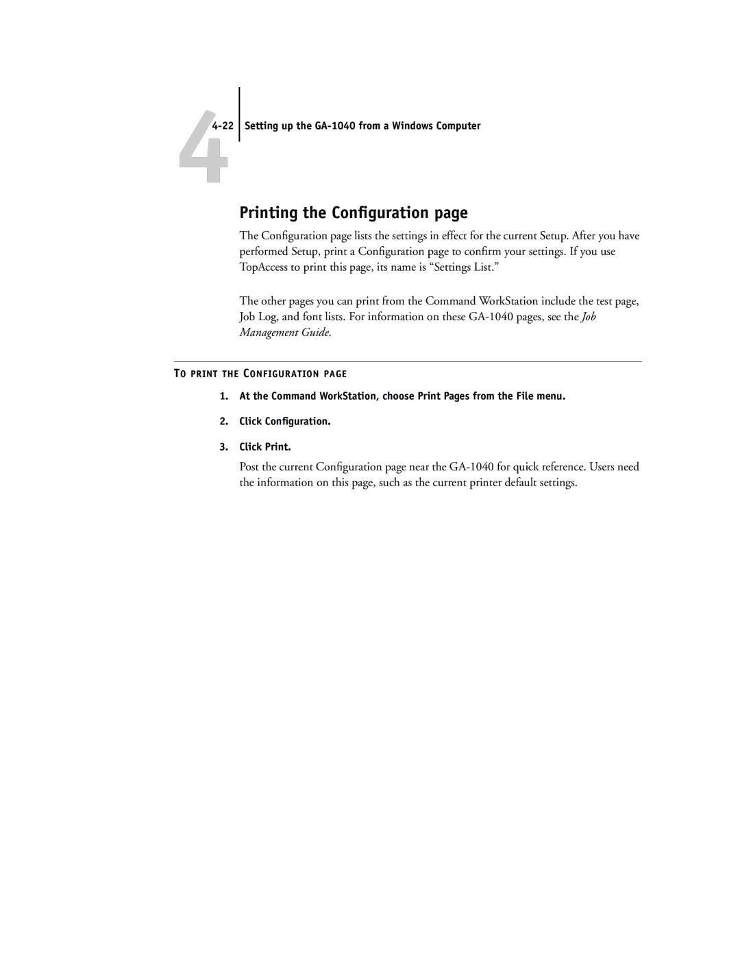 Toshiba GA-1040 manual Printing the Conﬁguration 