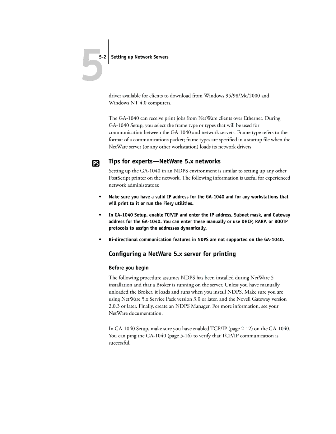 Toshiba GA-1040 Tips for experts-NetWare 5.x networks, Conﬁguring a NetWare 5.x server for printing, Before you begin 
