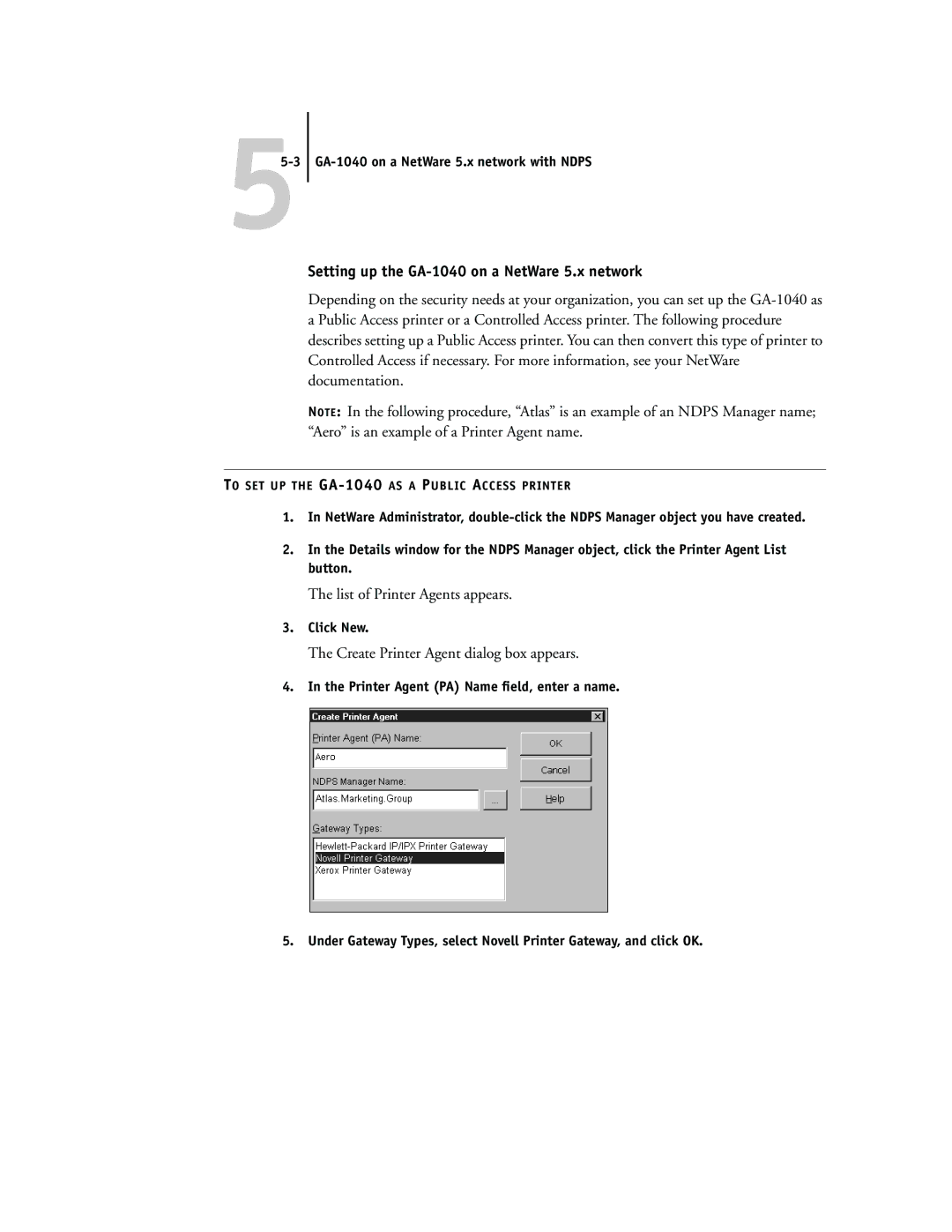 Toshiba manual Setting up the GA-1040 on a NetWare 5.x network, List of Printer Agents appears, Click New 