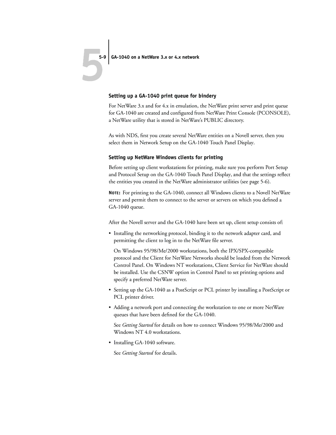 Toshiba manual Setting up a GA-1040 print queue for bindery, Setting up NetWare Windows clients for printing 