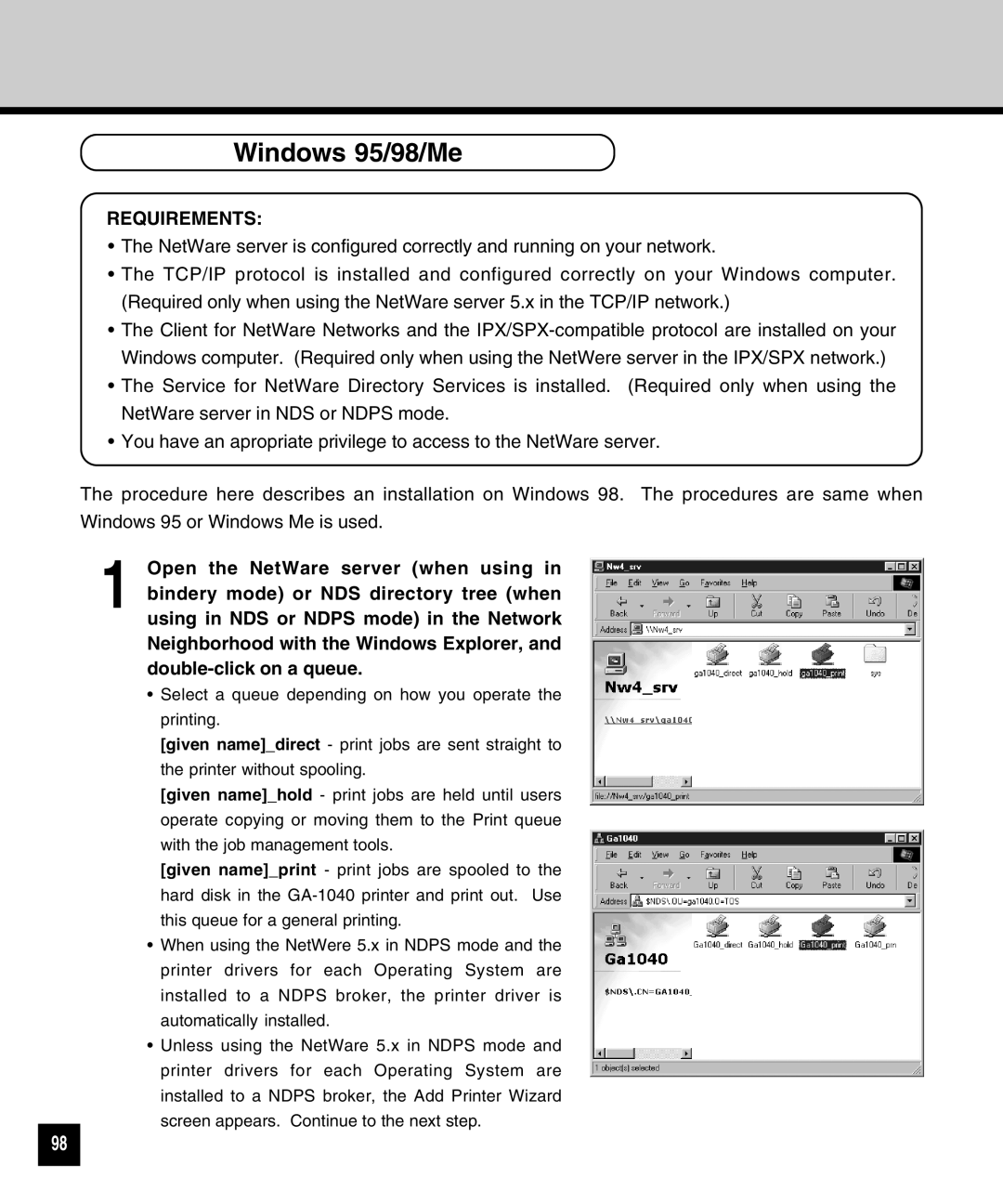 Toshiba GA-1040 manual Windows 95/98/Me, Requirements 