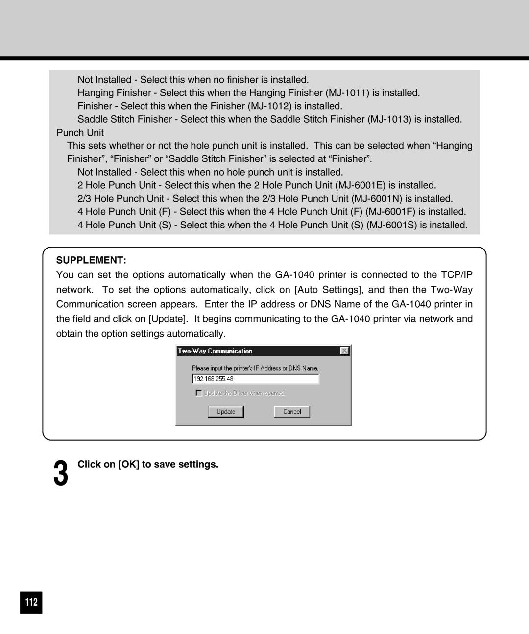Toshiba GA-1040 manual Supplement, Click on OK to save settings 