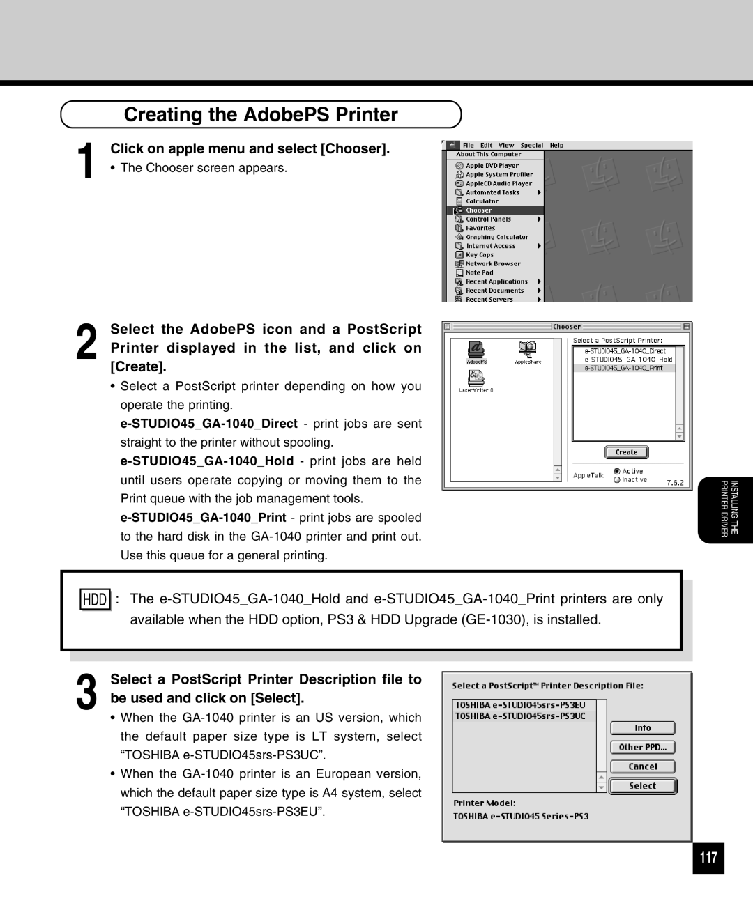 Toshiba GA-1040 manual Creating the AdobePS Printer, Click on apple menu and select Chooser 