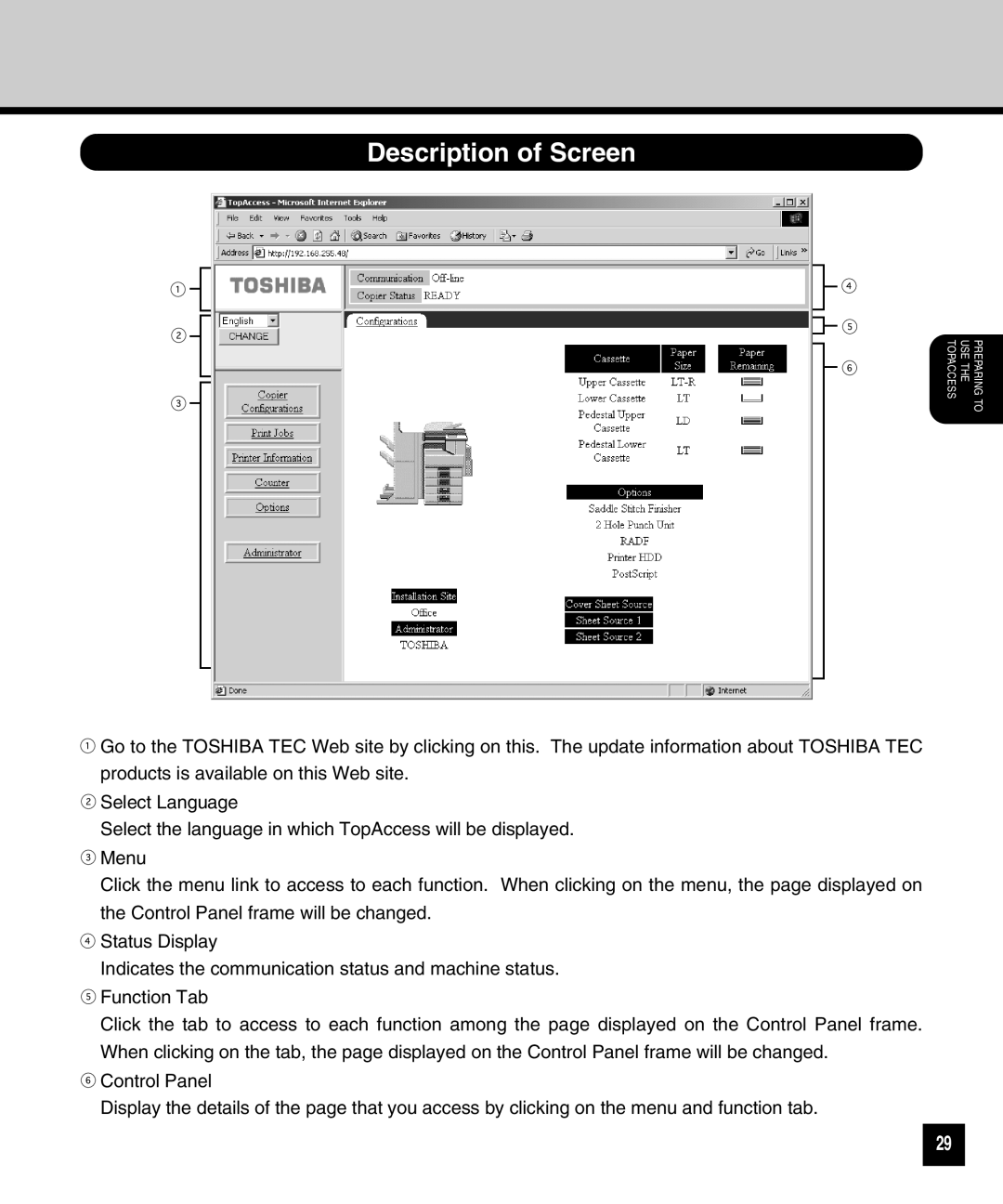 Toshiba GA-1040 manual Description of Screen 
