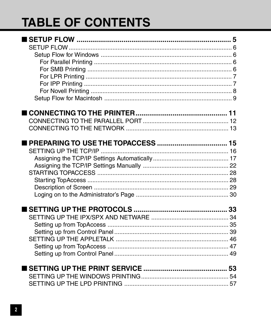 Toshiba GA-1040 manual Table Of Contents, Setup Flow, Connecting To The Printer, Setting Up The Protocols 