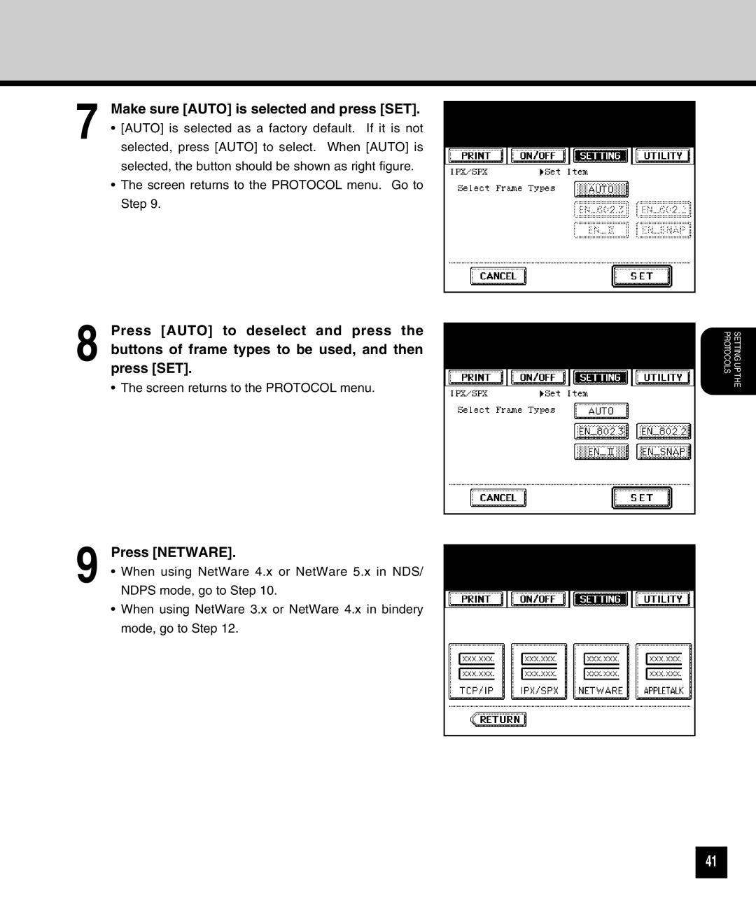 Toshiba GA-1040 manual Make sure AUTO is selected and press SET, Press NETWARE 