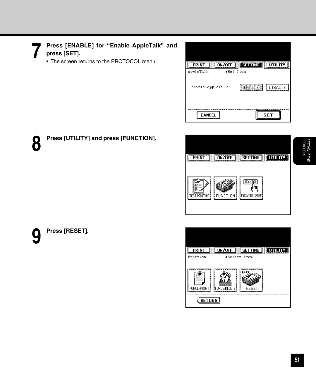 Toshiba GA-1040 manual Press ENABLE for “Enable AppleTalk” and press SET, Press UTILITY and press FUNCTION Press RESET 