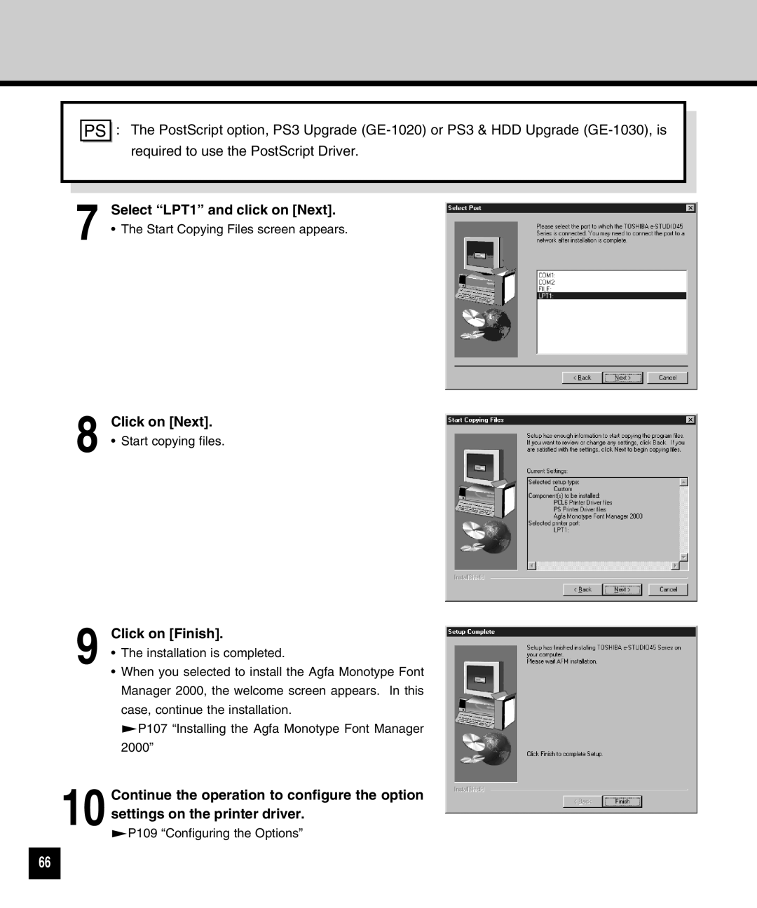 Toshiba GA-1040 manual Select “LPT1” and click on Next, Click on Next, Click on Finish, Start copying files 