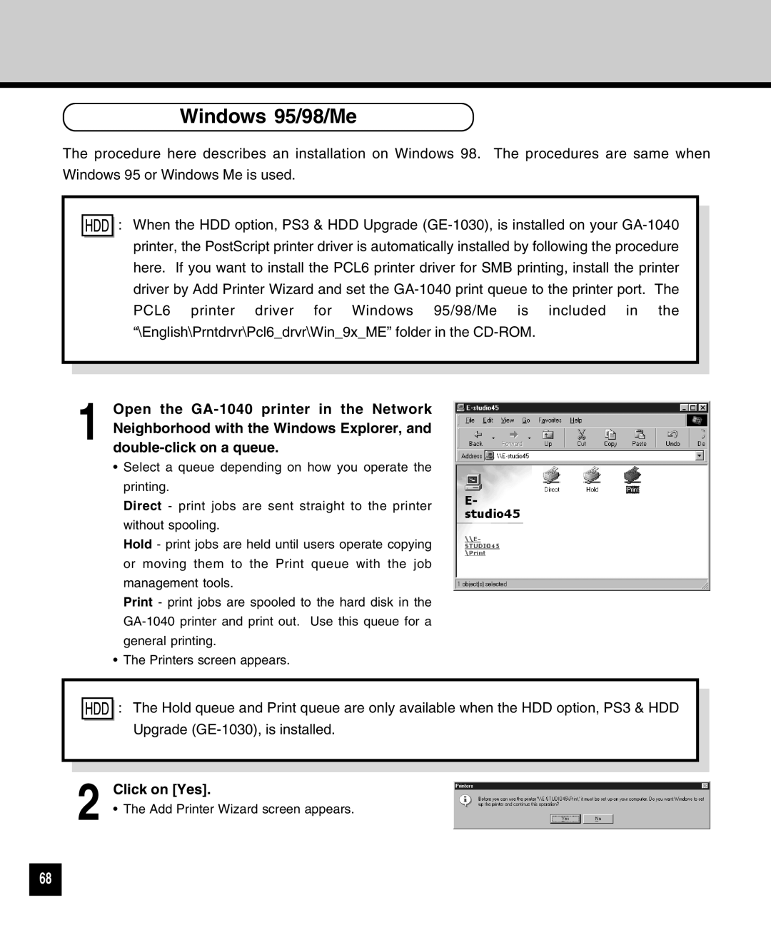 Toshiba GA-1040 manual Windows 95/98/Me, Click on Yes 