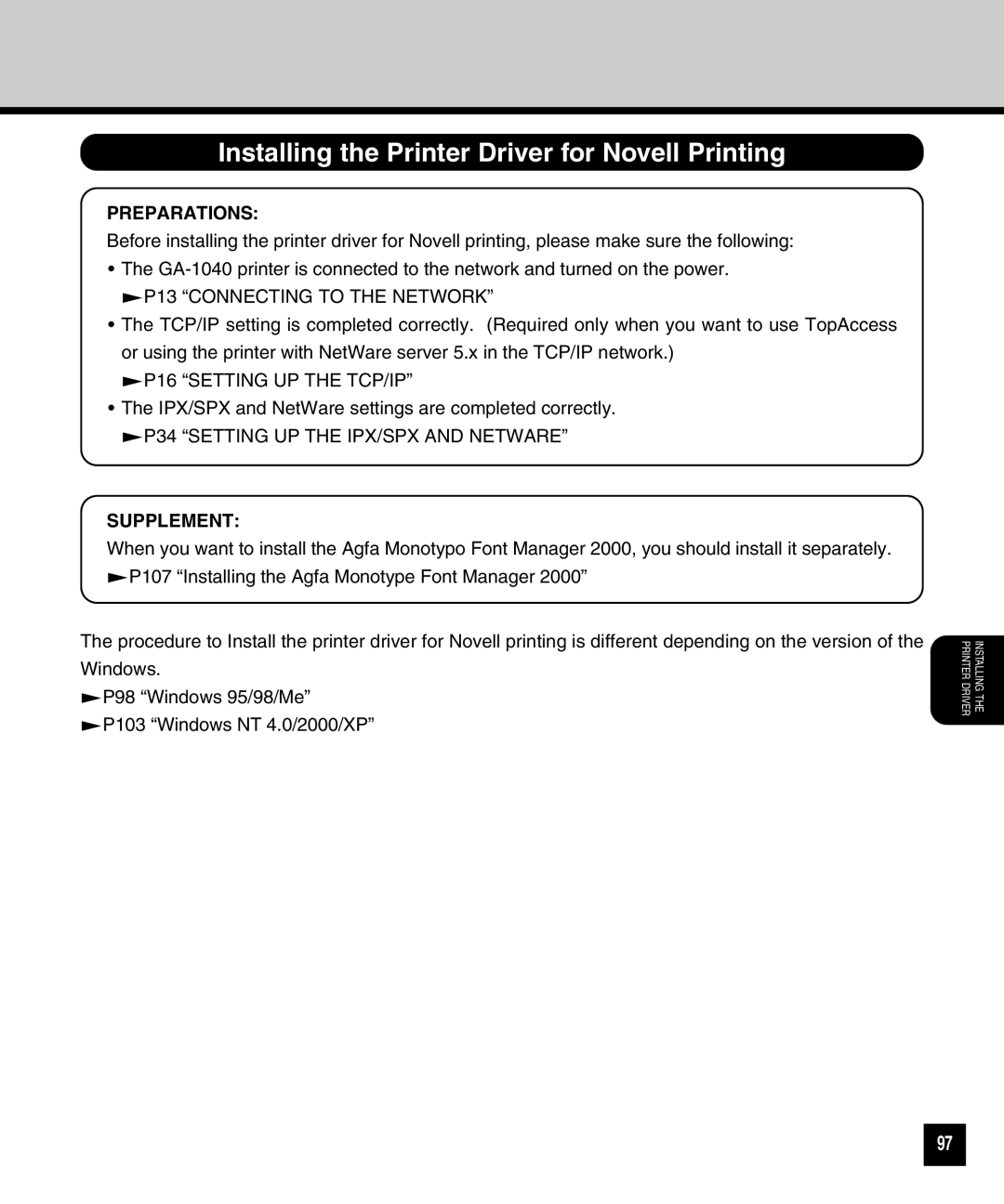 Toshiba GA-1040 manual Installing the Printer Driver for Novell Printing, Preparations, Supplement 