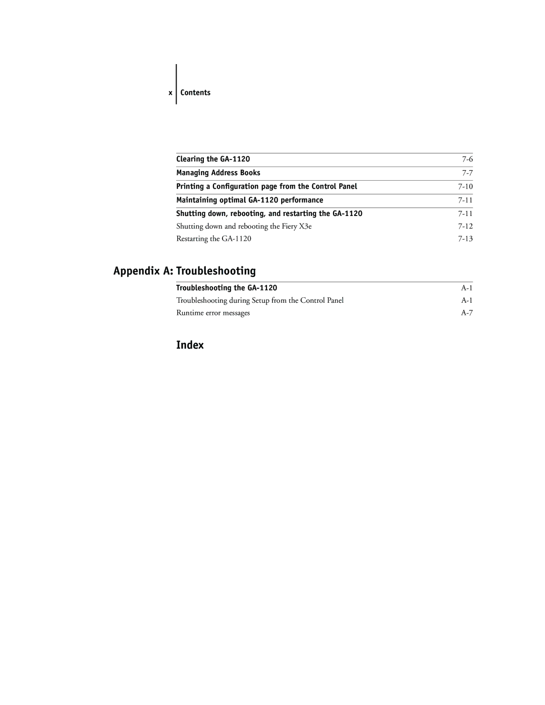 Toshiba manual Appendix a Troubleshooting, Troubleshooting the GA-1120 