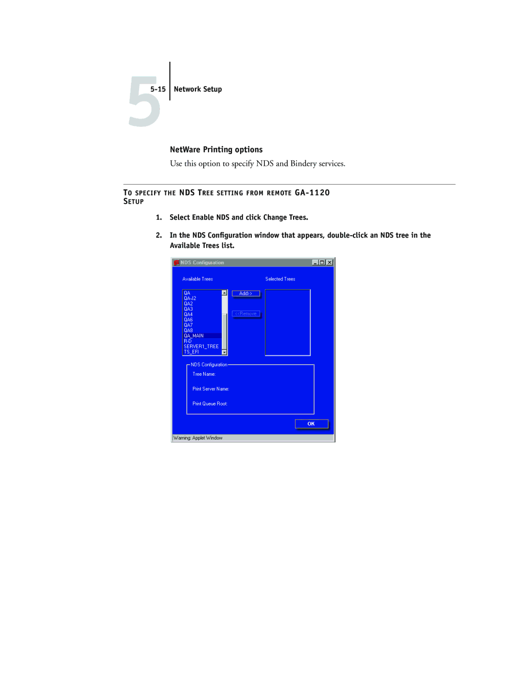 Toshiba GA-1120 manual NetWare Printing options, Use this option to specify NDS and Bindery services 