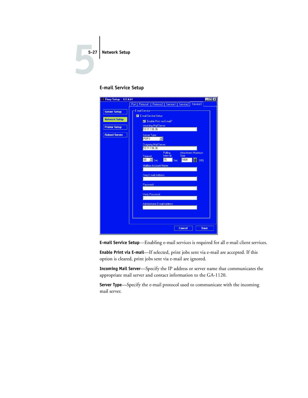 Toshiba GA-1120 manual Mail Service Setup 