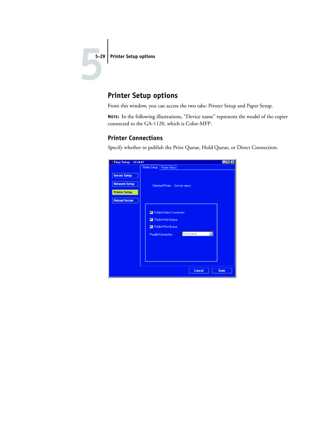 Toshiba GA-1120 manual Printer Connections, Printer Setup options 