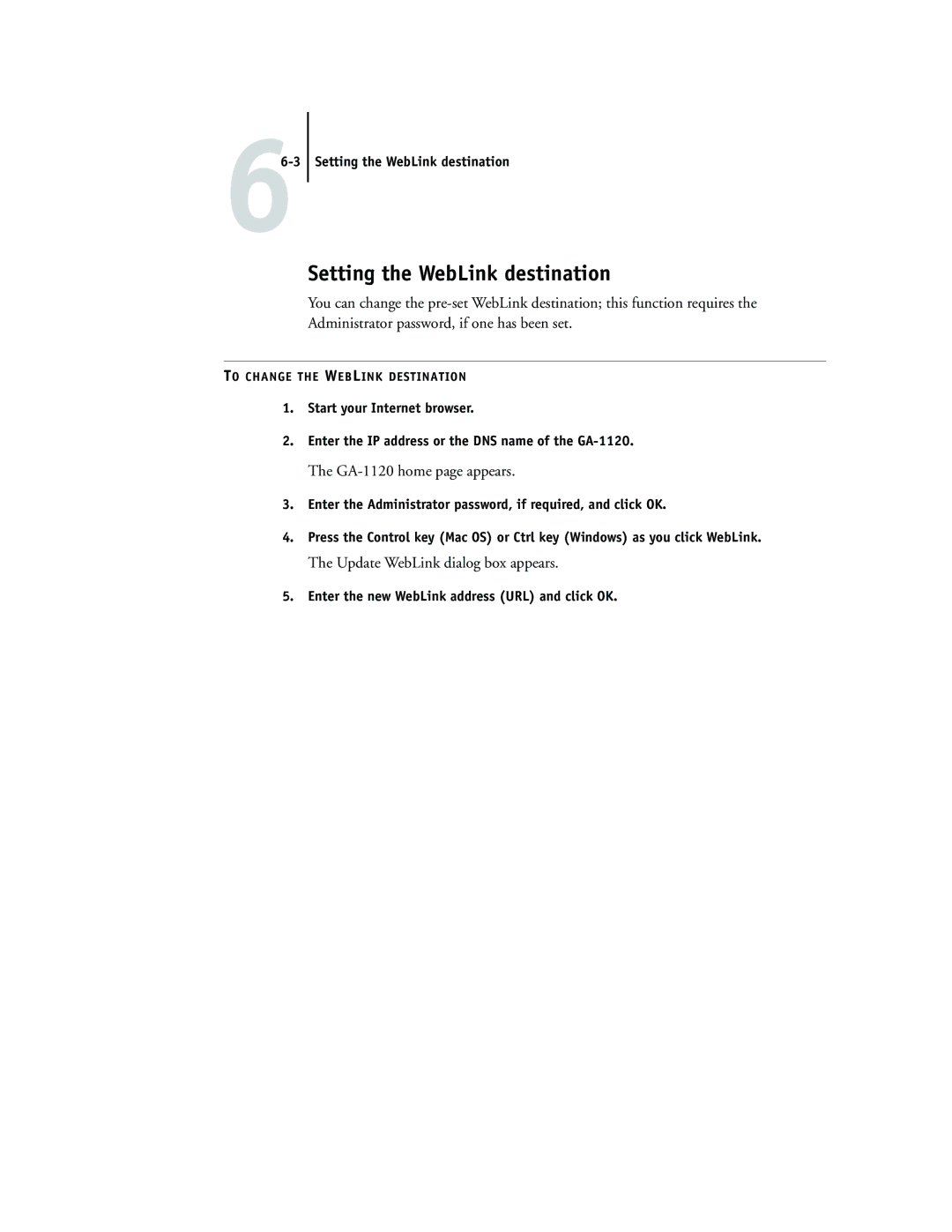 Toshiba GA-1120 manual Setting the WebLink destination, Update WebLink dialog box appears 