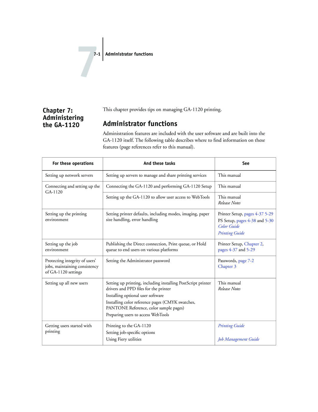 Toshiba manual Administrator functions, This chapter provides tips on managing GA-1120 printing 