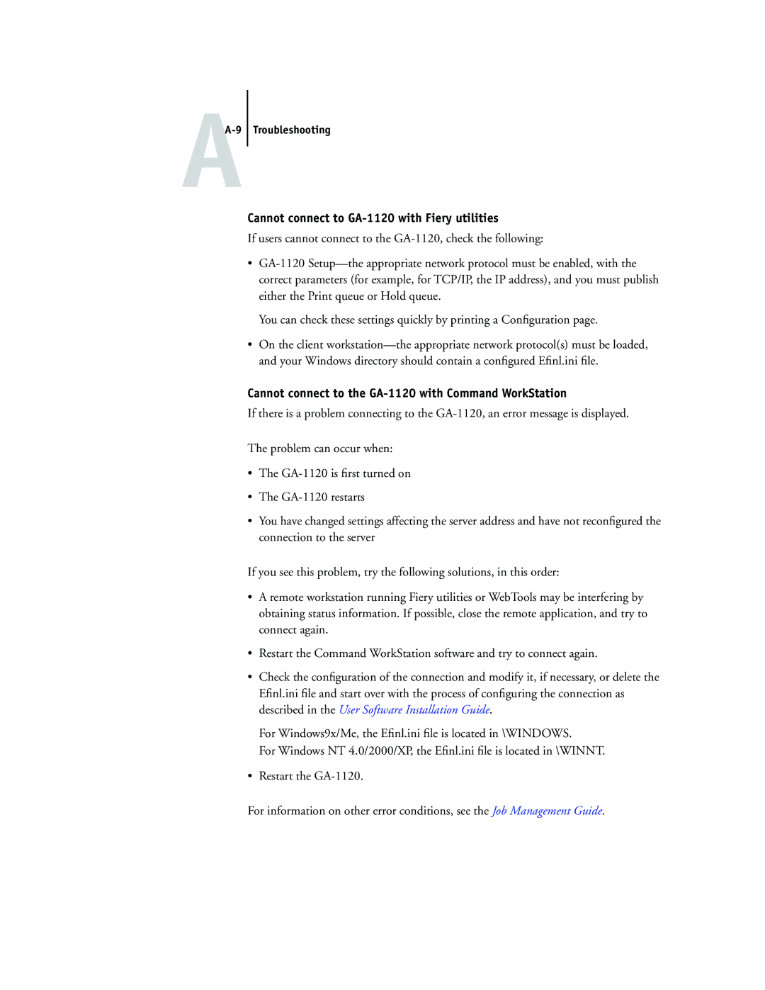 Toshiba manual Cannot connect to GA-1120 with Fiery utilities, Cannot connect to the GA-1120 with Command WorkStation 