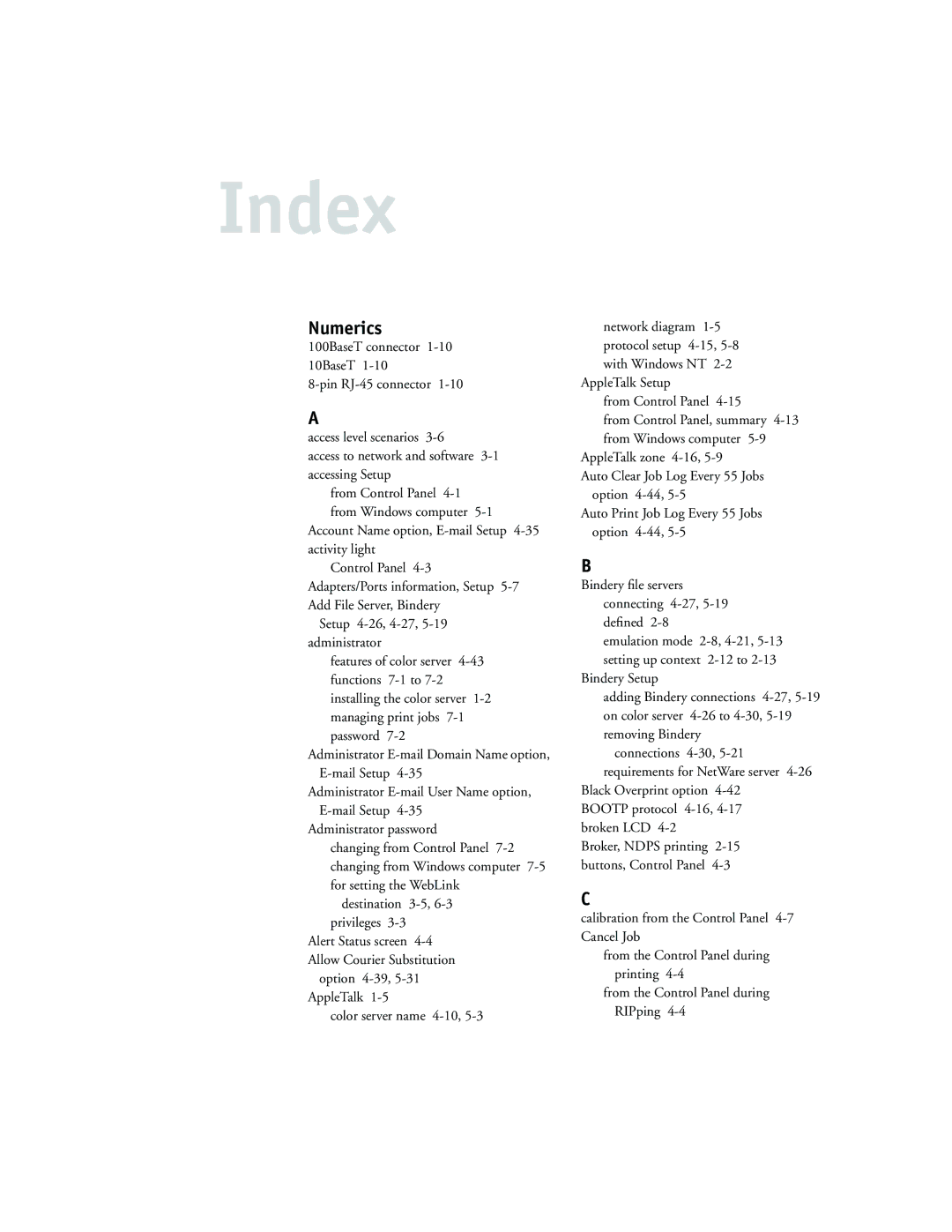 Toshiba GA-1120 manual Index, Numerics 