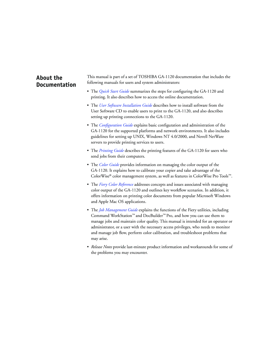 Toshiba GA-1120 manual About the Documentation 